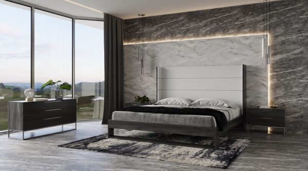 Modrest Heloise - Contemporary White Leather & Grey Elm Trim Bed - Image 4