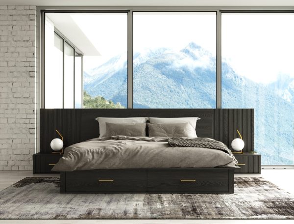 Modrest Manchester- Contemporary Platform Dark Grey Q Bed with Two Nightstands