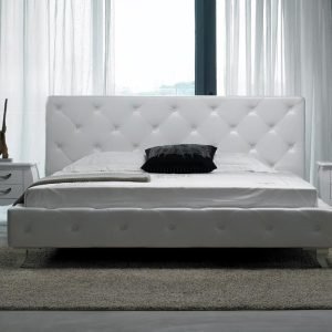 Queen Monte Carlo Modern White Leatherette Bed w/ Crystals