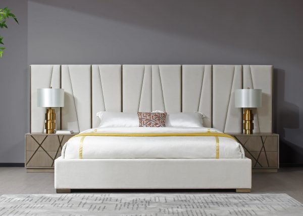 Modrest Nixa - Modern Beige Velvet + Brushed Bronze + Birch Bed + Nightstands-queen
