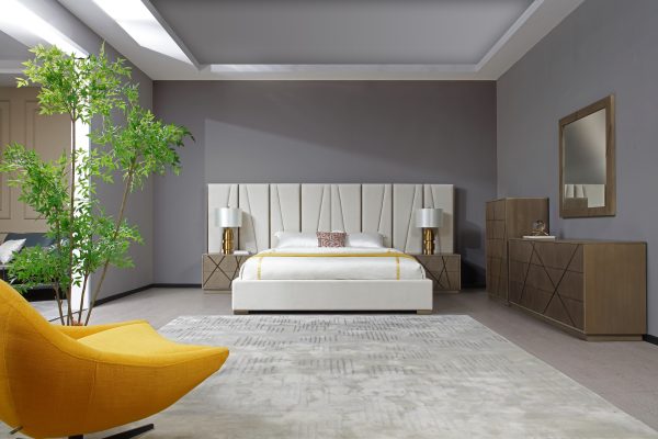 Modrest Nixa - Modern Beige Velvet + Brushed Bronze + Birch Bedroom Set-eastern