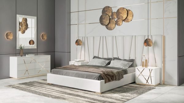 Modrest Nixa - California King Modern White + Gold Bed + Nightstands