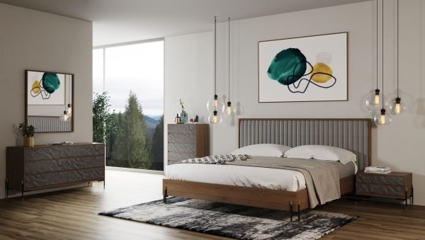 Nova Domus Metcalf - Mid-Century Walnut & Grey Bed w/ Two Nightstands - Image 5