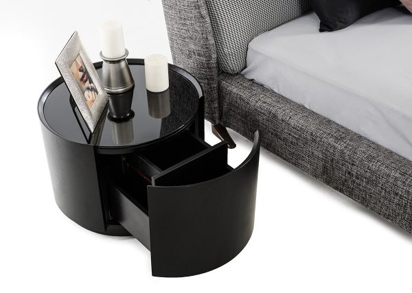 Orca Modern Round Dark Oak Glass-Top Nightstand W Drawer