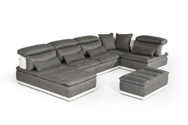 David Ferrari Panorama - Italian Modern Grey Fabric + White Leather Modular Sectional Sofa - Image 3