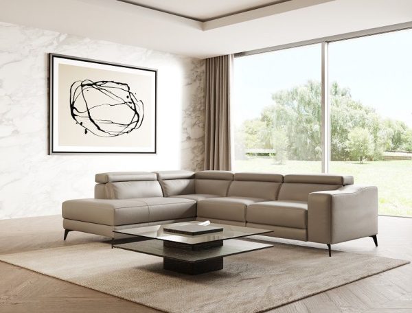 Divani Casa Rampart Modern Light Grey Leather Sectional Sofa with Electric Recliner