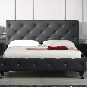 Monte Carlo Black Leatherette Modern Bed w/ Crystals