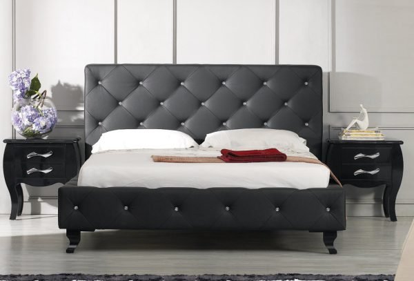 Monte Carlo Black Leatherette Modern Bed w/ Crystals