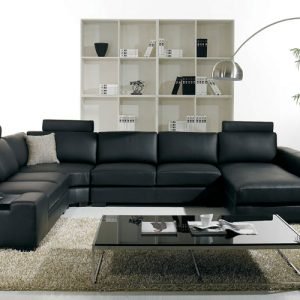 T35 - Modern Black Genuine Leather Sectional Sofa with Light