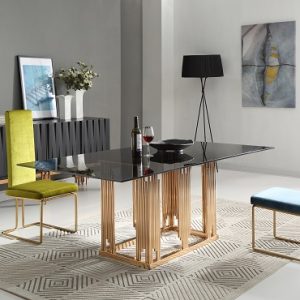 Modrest Token Modern Smoked Grey Glass & Rosegold Dining Table