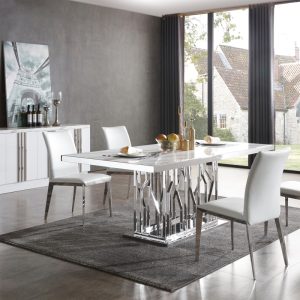 Modrest Marston Modern White Marble & Stainless Steel Dining Table