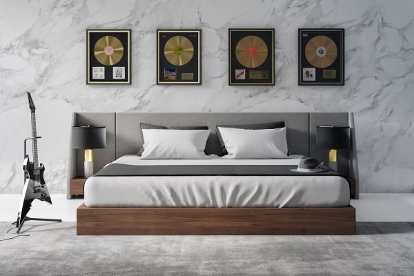 Nova Domus Janice - Modern Grey Fabric and Walnut Bed and Nightstands - Image 3
