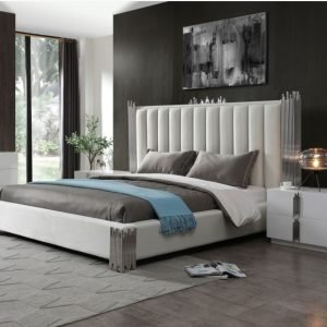 Modrest Token - California King Modern Cream & Stainless Steel Bed + Nightstands