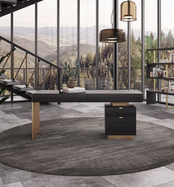 Modrest Trahan - Modern Grey Elm & Gold Office Desk - Image 2
